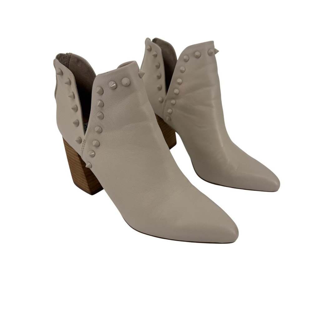 Steve Madden Studded Greige Leather Ankle Booties Pointed Toe Block Heel Boots